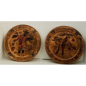 Vintage Wanda Irwin Copper Tooled Art Wall Plaques Signed/Labelled Pair Asian
